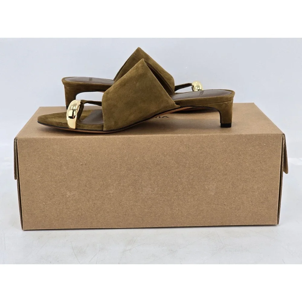 Vince Suzie Kitten Heel Sandals Womens 5 Olive Green Suede Toe Ring - NEW